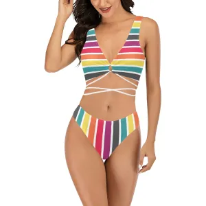 6 COLOR PALLETTE STRIPED FITTED SKIRT PRINT Cross String Bikini Set (Model S29)