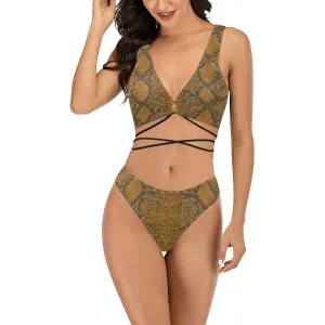 bronze snakeskin print Cross String Bikini Set (Model S29)