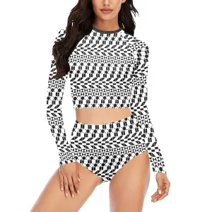 bw print A2 geometry Long Sleeve Bikini Set (Model S27)