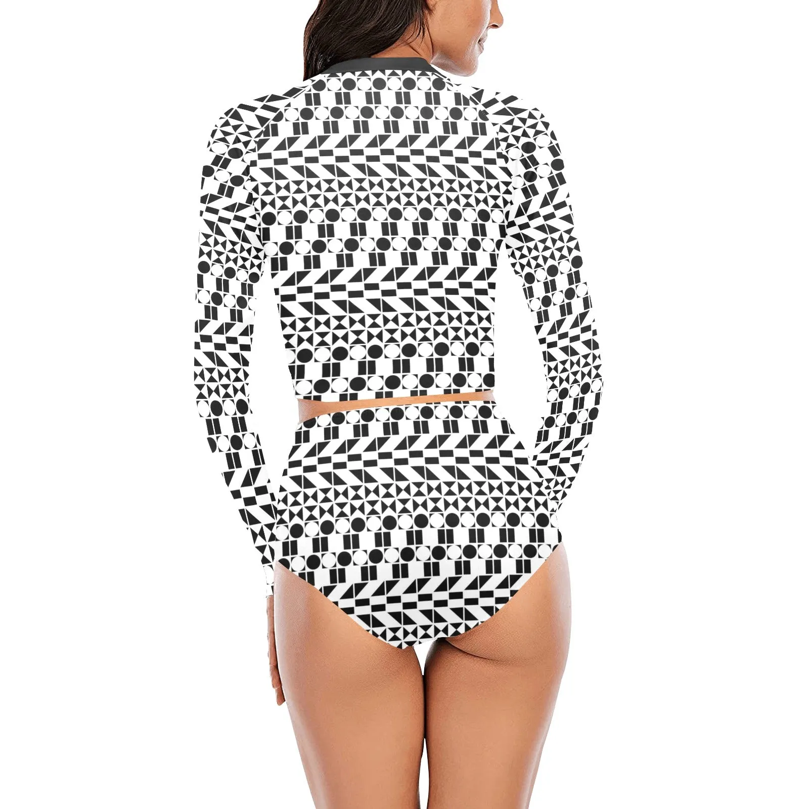 bw print A2 geometry Long Sleeve Bikini Set (Model S27)