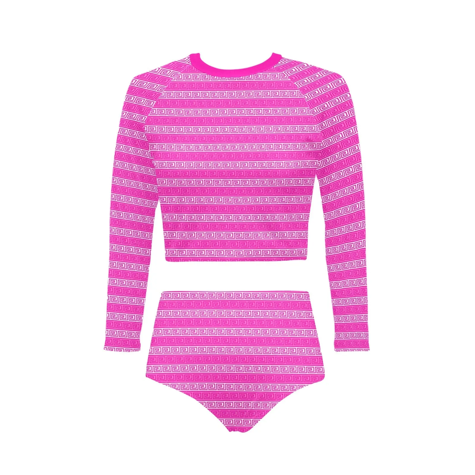 fuchsia and white greek key print Long Sleeve Bikini Set (Model S27)