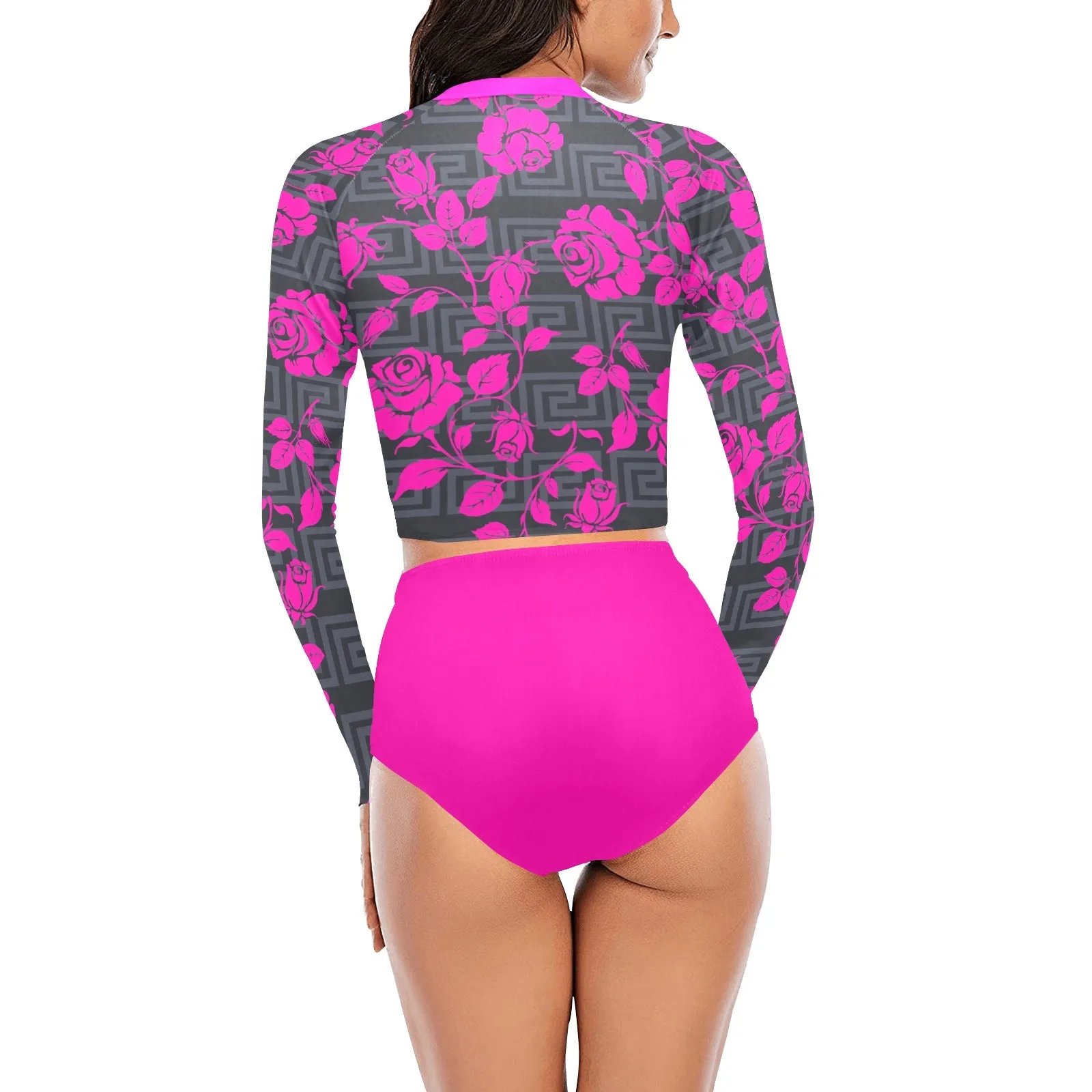 fuchsia print solid Long Sleeve Bikini Set (Model S27)