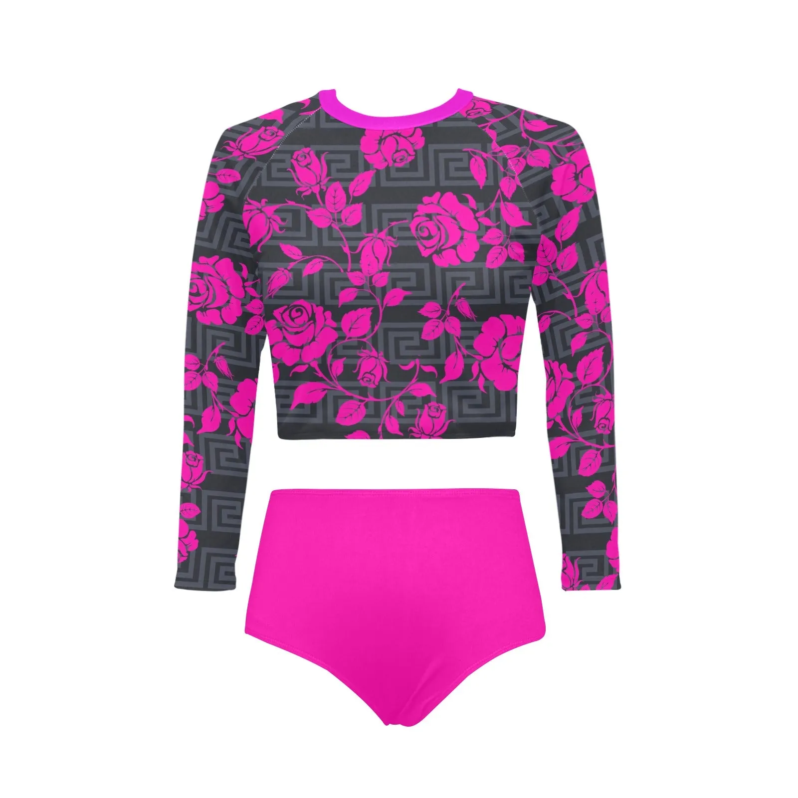 fuchsia print solid Long Sleeve Bikini Set (Model S27)