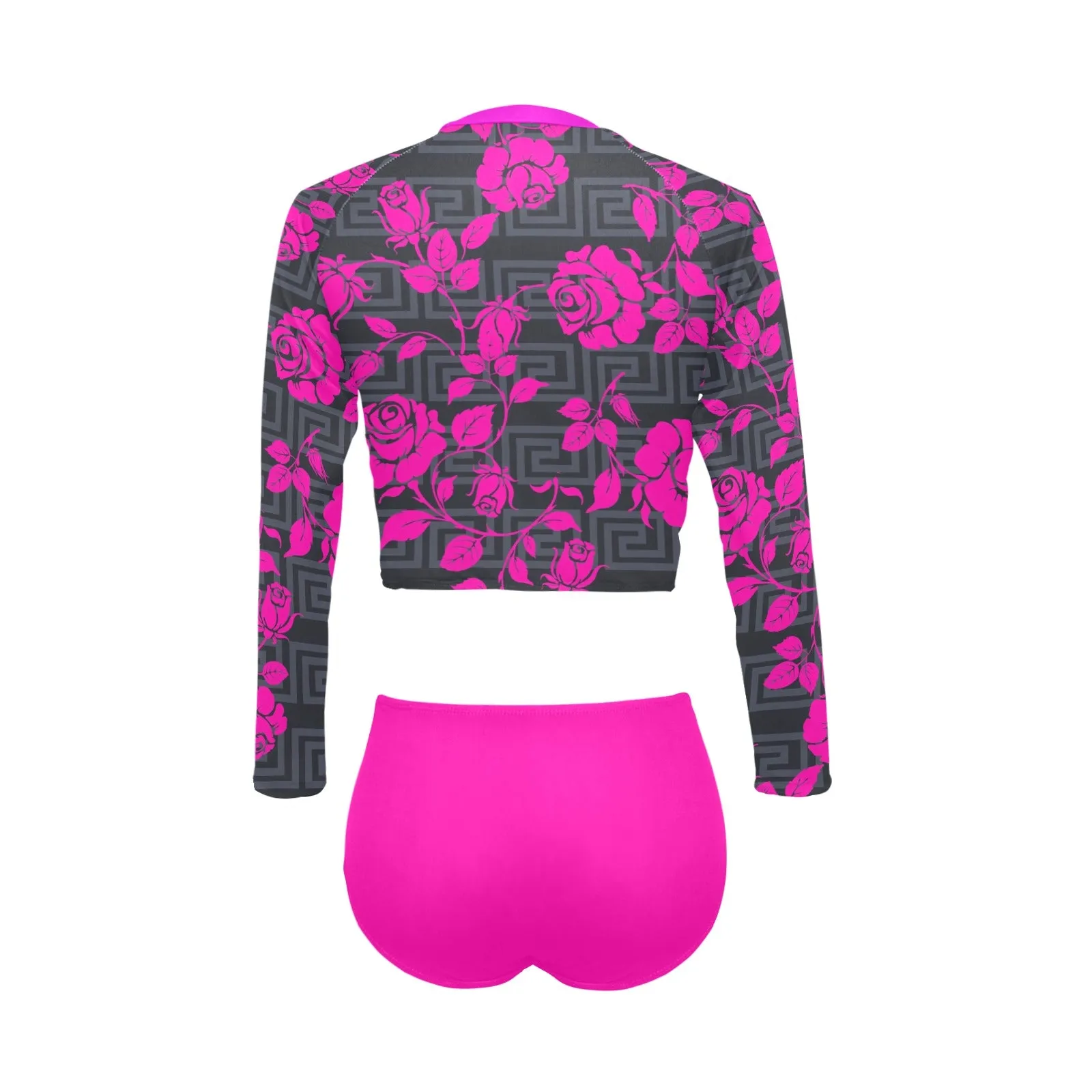 fuchsia print solid Long Sleeve Bikini Set (Model S27)