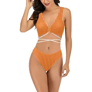 mandala striped red yellow orange Cross String Bikini Set (Model S29)