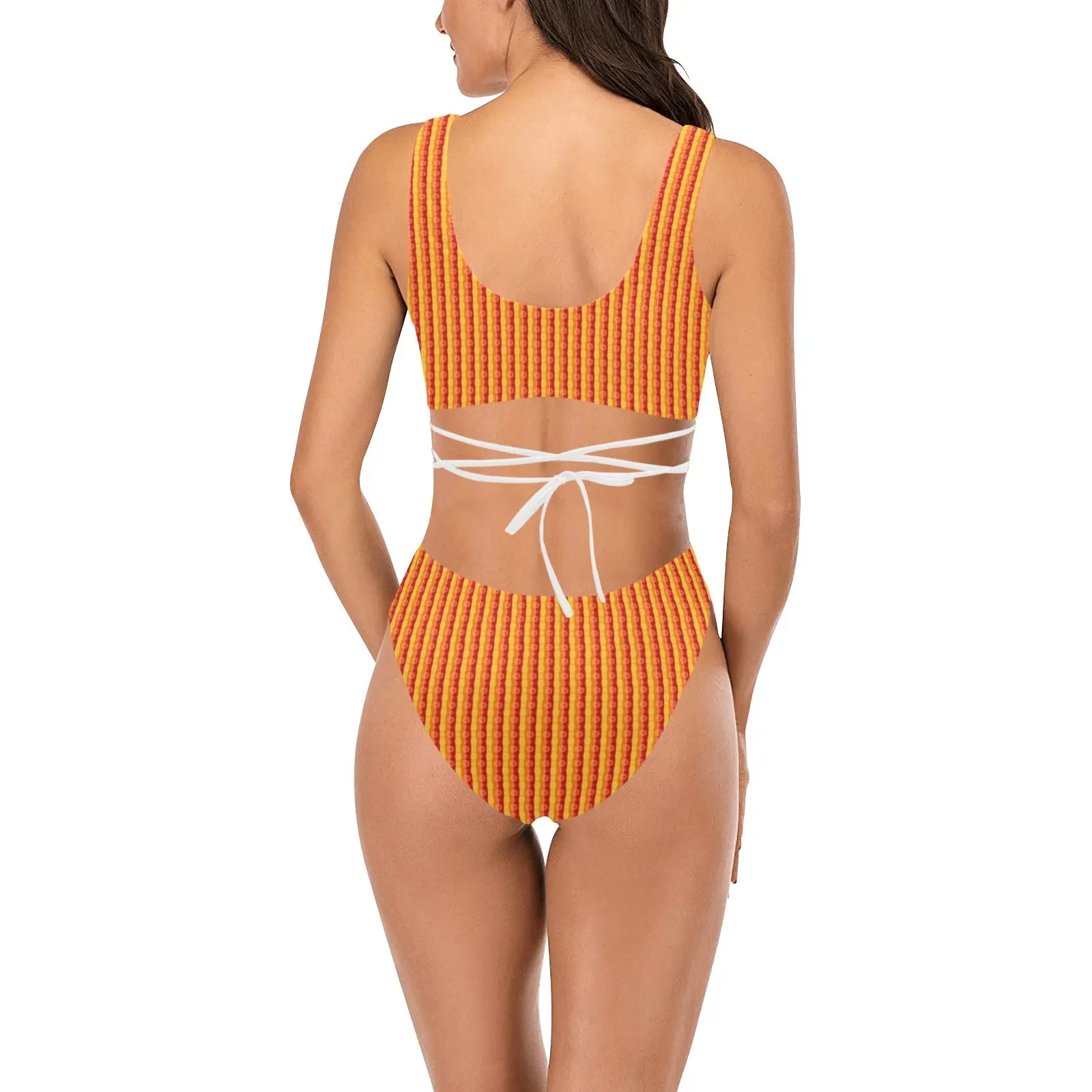 mandala striped red yellow orange Cross String Bikini Set (Model S29)