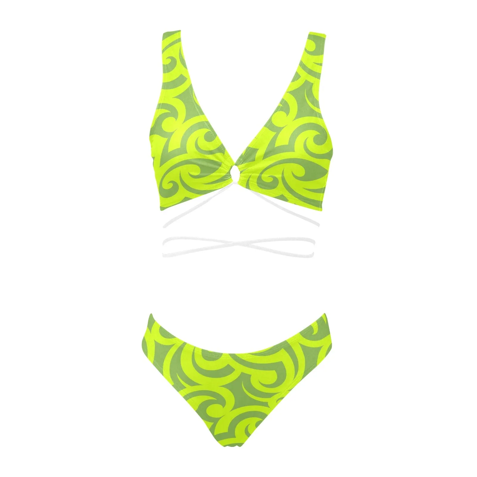 neon green scroll print 2 Cross String Bikini Set (Model S29)