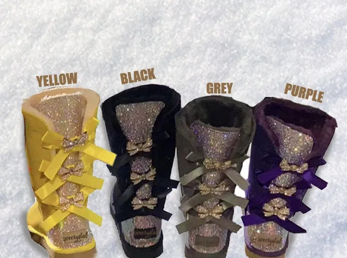 New**Super Bling and Sparkly middle high SheepSkin Winter Snow Wool BOOTS w shinning Czech crystals 3 Bailey bow boots