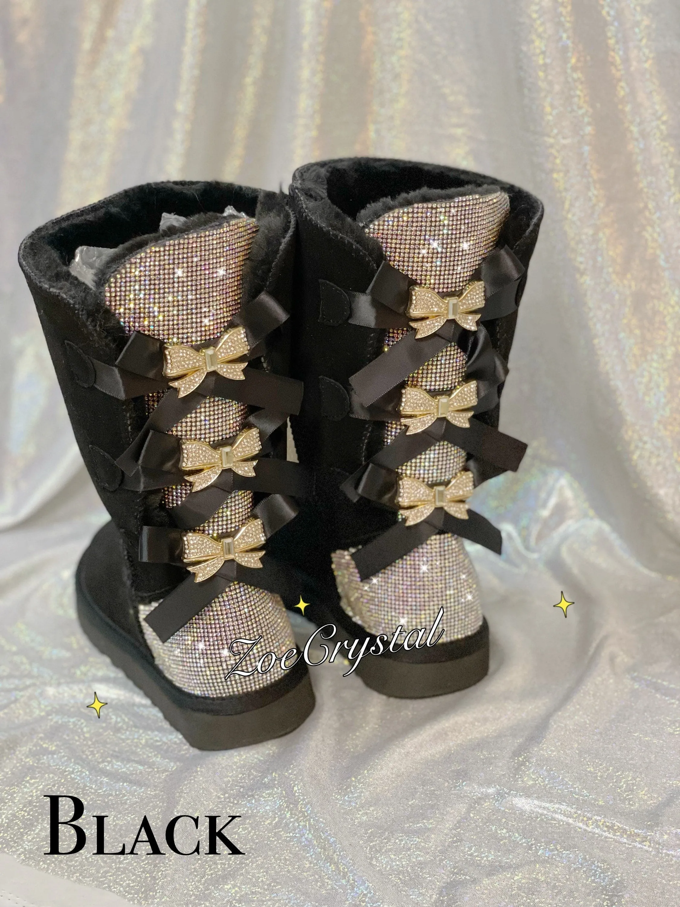 New**Super Bling and Sparkly middle high SheepSkin Winter Snow Wool BOOTS w shinning Czech crystals 3 Bailey bow boots