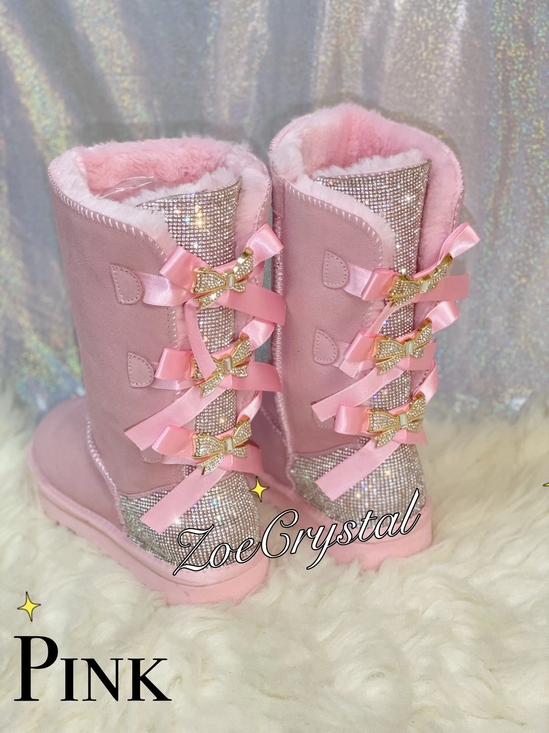 New**Super Bling and Sparkly middle high SheepSkin Winter Snow Wool BOOTS w shinning Czech crystals 3 Bailey bow boots