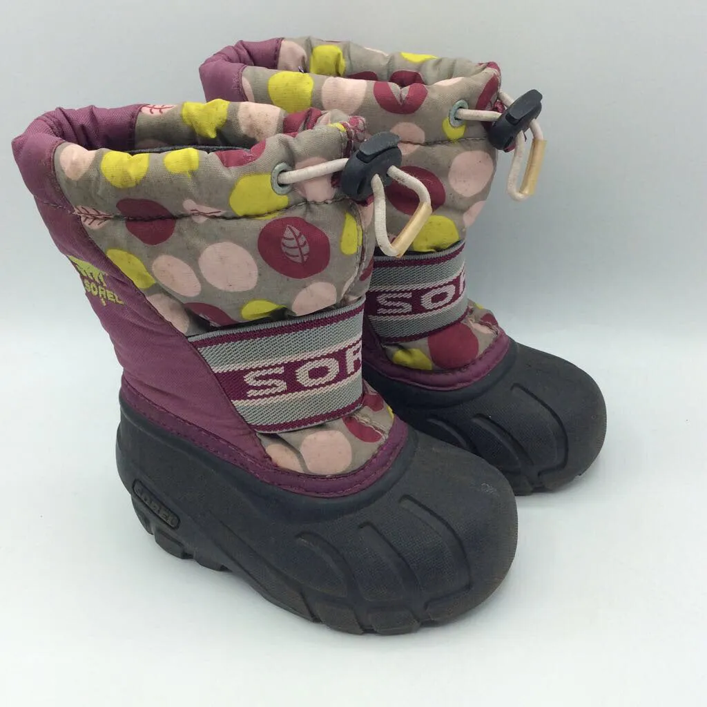 Size 7: Sorel Pink Print 1 Strap Snow Boots