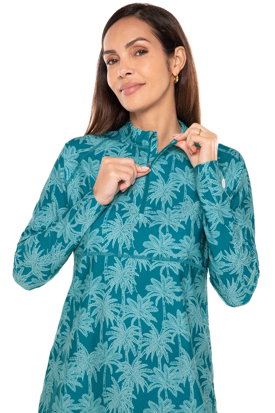 Women's Lawai Ruche Swim Shirt | Tahitian Teal Swaying Palms