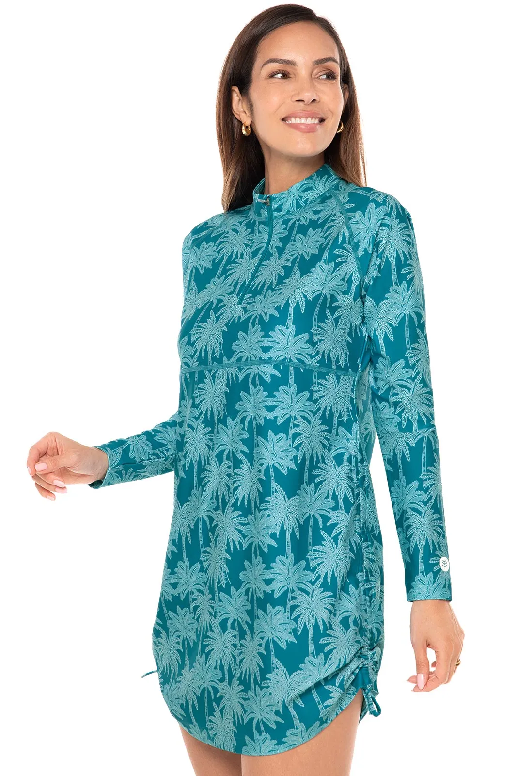 Women's Lawai Ruche Swim Shirt | Tahitian Teal Swaying Palms